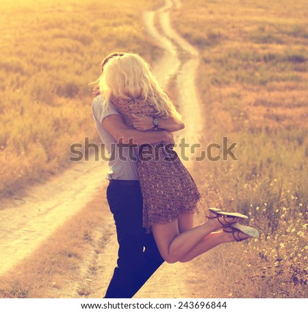 couple in love together in summer time  happy people outdoor road Royalty-Free Stock Photo #243696844