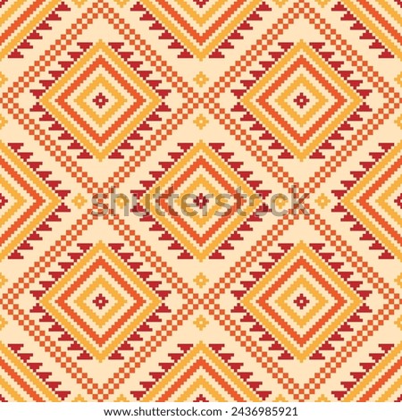 Native embroidery pattern. Geometric pattern features colorful geometric shapes, including squares, triangles, and diamonds, arranged, native pattern, ecorative, ethnic, fabric.