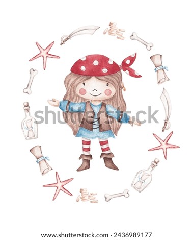 Printable card design with pirate girl and sea animals hand drawn by watercolor. Cute kid wall art isolated on white. For pirate party invitation, card, banner, logo, poster, frame art and so on