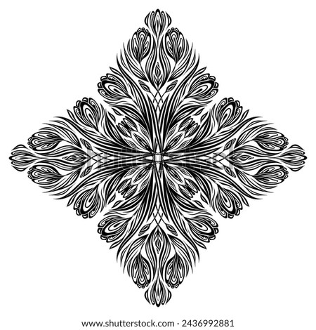 Vector lace clip art of kaleidoscope crocuses. Decorative art nouveau monochrome illustration of spring flowers isolated from background. Floral symmetrical bouquet for postcard, invitation