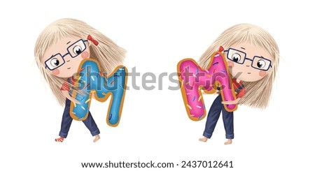 Cute little girl with chocolate donut- letter M. Tasty set on white background. Learn alphabet clip art collection