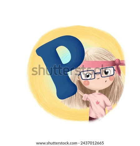 Cute little girl with letter P. Colorful cartoon graphics. Learn alphabet clip art collection on white background