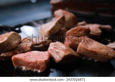 Fresh juicy medium rare beef. Grilled steak beef. Close up beef menu.
