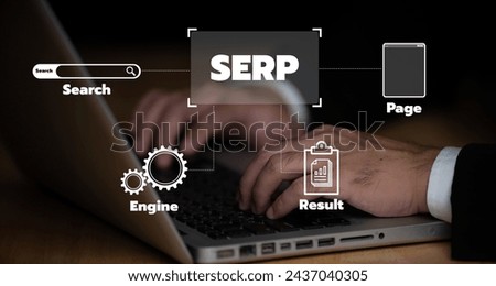 SERP. Search Engine Results Page. Search terms concept,search engine, mobile search, page result, and statistics graph