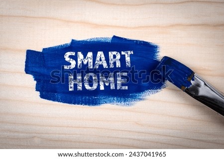 Smart Home. Blue color on wood texture background.