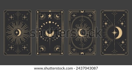 Set tarot frame border with golden celestial elements, esoteric astrology mystery ornament with moon, star isolated on dark background.