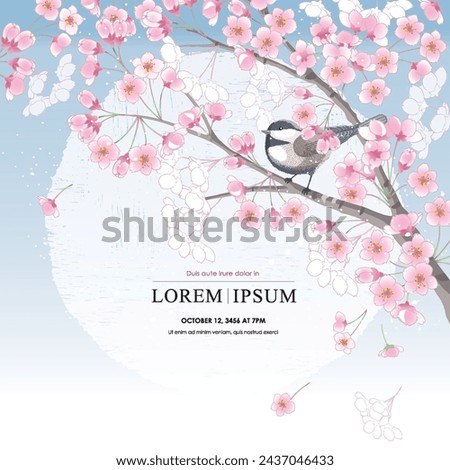 Vector editorial design frame of Korean spring scenery with cherry trees in full bloom. Design for social media, party invitation, Frame Clip Art and Business Advertisement				
