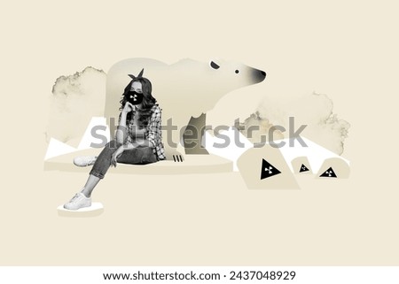 Photo collage picture nature pollution concept young sitting girl covered face mask toxic dirty barrels polar bear global catastrophe