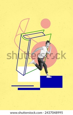 Collage picture of young funny man student running away from lectures and seminars from literature book isolated on yellow color background