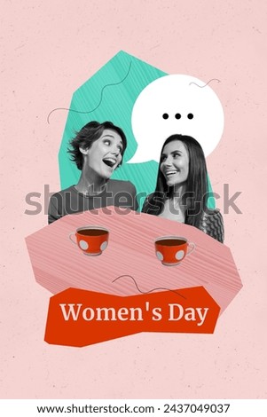 Exclusive magazine picture sketch collage image of funny excited ladies drinking coffee enjoying women day isolated creative background