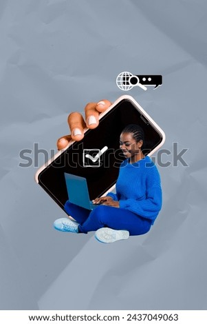 Vertical photo collage picture sitting young girl freelance worker distant job approve tick check tast complete smartphone
