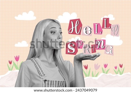 Artwork creative composite photo collage of nice adorable girl send kiss hold hello spring title on palm isolated on painted background Royalty-Free Stock Photo #2437049079