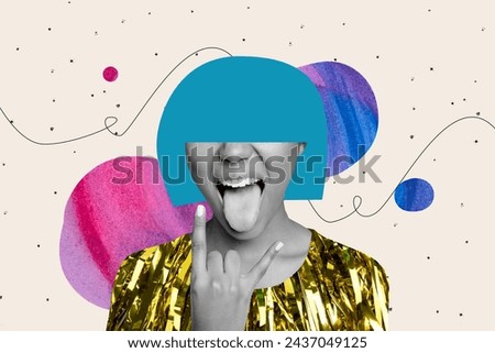 Photo collage of happy joyful lady with blue hair wig brutal showing rock roll gesture protrude tongue isolated on beige background