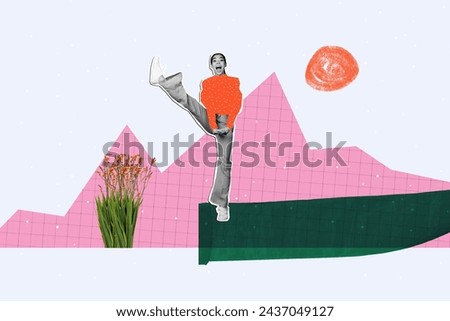 Artwork picture 3d collage of funky girl active dancing boogie woogie outdoors received bouquet wild flowers isolated on grey background