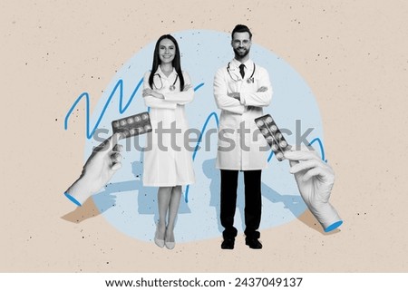Composite collage image of female man medicine pills clinic illness prevention wellbeing healthy concept weird freak bizarre unusual Royalty-Free Stock Photo #2437049137