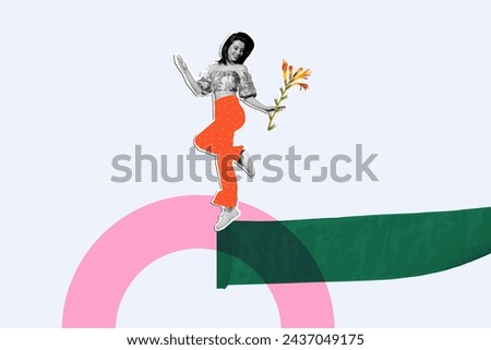 Photo picture collage of beautiful woman dancing with fresh flowers chilling at holiday birthday party isolated on grey color background