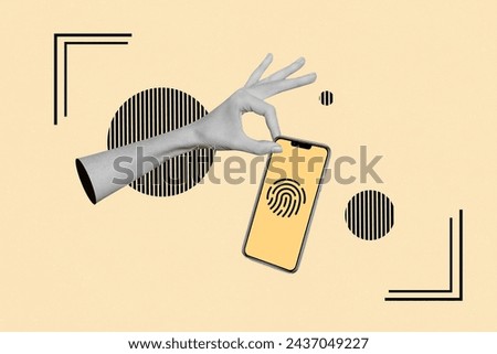 Secure access collage artwork image authorization valid fingerprint biometrics data for using smartphone isolated on yellow background