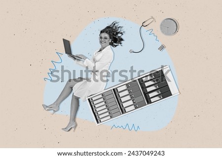 Composite collage image of happy female doctor office clinic illness prevention wellbeing healthy concept weird freak bizarre unusual Royalty-Free Stock Photo #2437049243