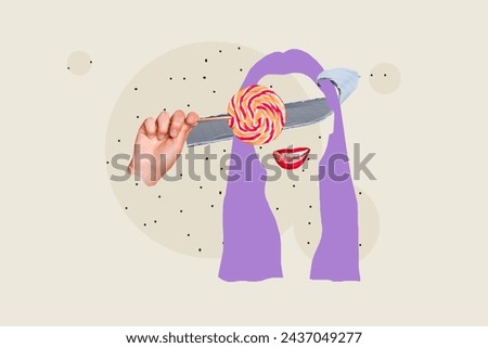 Composite 3d photo artwork collage of girl without face blindfold hold lollipop caramel stick smile teeth purple hair isolated on painted background Royalty-Free Stock Photo #2437049277