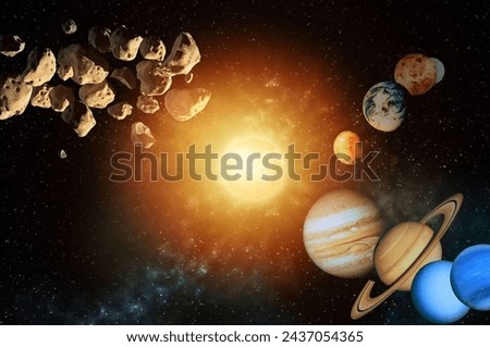 planets round the sun in the Solar system in the colorful starry universe Elements