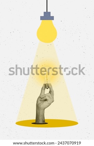 Vertical collage picture human arm hold lightbulb eureka smart think symbol intellectual logic solution think plant idea