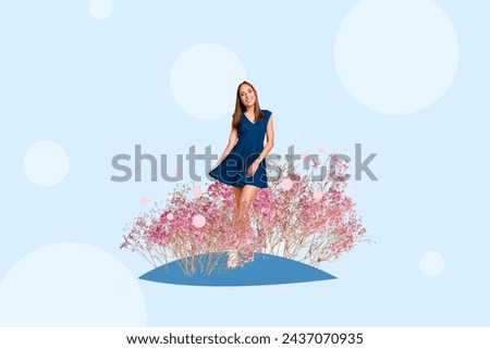 Sketch artwork trend composite image 3d collage photo of attractive smiled young lady in blue dress pose among spring dried flowers
