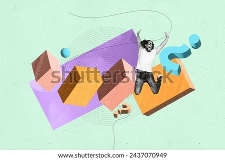 Collage artwork graphics picture of excited funky guy jumping high achieving success isolated turquoise color background