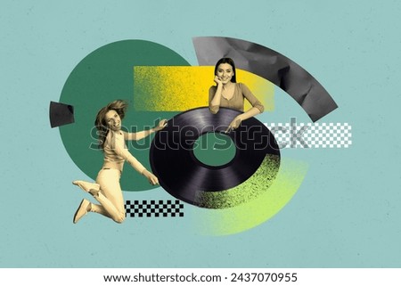 Collage picture conceptual party nostalgia atmosphere young funny women holding retro vinyl record isolated on blue color background