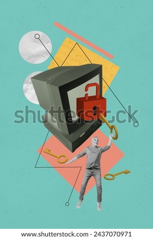 Vertical creative collage artwork of mature age pensioner trying to unlock computer without password isolated on green color background