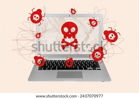 Photo collage picture hacked laptop system online internet virus malware spyware screen skull bug infected software drawing background