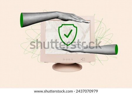 Photo collage picture human hands palms showing pc monitor screen antivirus online web defense data protection safety drawing background