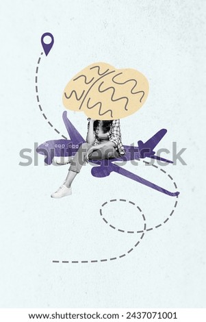 Creative vertical collage picture young headless man traveler sit upset airplane passenger tickets travel agency route destination mark