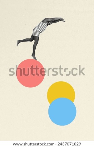 Creative 3d photo artwork graphics collage painting of funky funny guy diving jumping colorful balls isolated beige color background