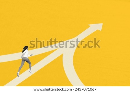 Creative photo collage picture running persistent girl towards dream destination growth improvement target dream reach yellow background