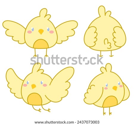 Colored vector set featuring cute chickens in various poses. With blush on the cheeks and blue eyes
