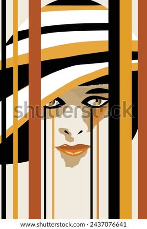 Vertical stripes are superimposed on the face of a woman in a striped hat in a surreal illustration.