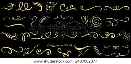 Golden swirls, elegant Flourishes design elements on black background, perfect swirl for luxury branding Enhance aesthetic appeal effortlessly with this ornate vector artistry Royalty-Free Stock Photo #2437082377