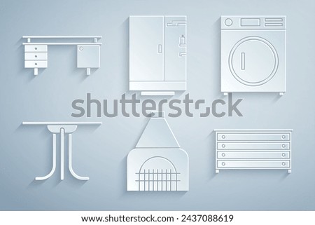 Set Interior fireplace, Washer, Round table, Chest of drawers, Shower cabin and Office desk icon. Vector