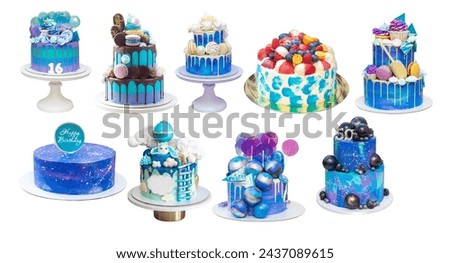 Close up collection of different beautiful blue birthday cakes isolated on white background, close up, png