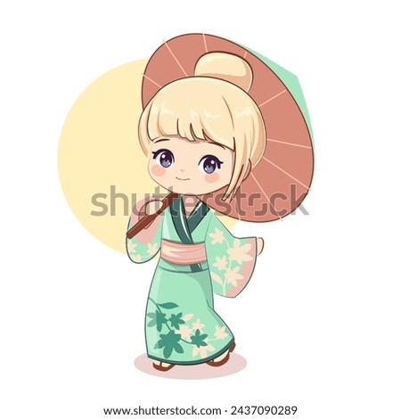 Cute cartoon little girl in anime style wearing a mentol kimono. Vector illustration design print for t-shirt on a white background isolated Royalty-Free Stock Photo #2437090289