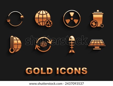 Set Planet earth and a recycling, Recycle bin with recycle symbol, Solar energy panel, Fish skeleton, Meteorology thermometer measuring, Radioactive, Electric plug and  icon. Vector