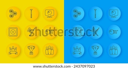 Set line Bowling pin, Billiard chalk, cue and ball, Location with bowling and  icon. Vector