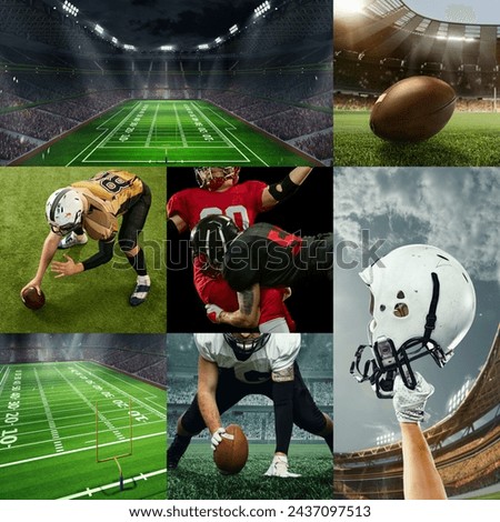 Collage of American football images with players during football game in motion and stadium. Live sport event. Concept of sport, competition, championship, live event and tournament