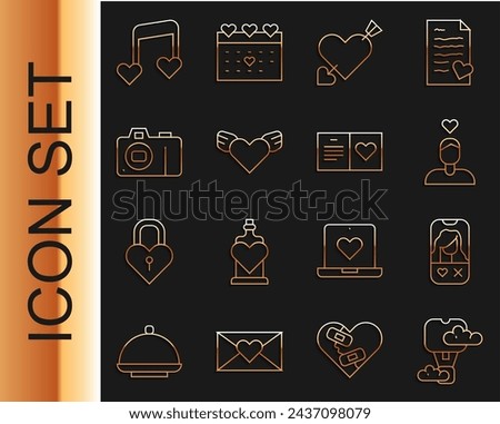 Set line Romantic hot air balloon, Dating app online, Couple love, Amour with heart and arrow, Heart wings, Photo camera, Music note, tone hearts and Valentines day party flyer icon. Vector