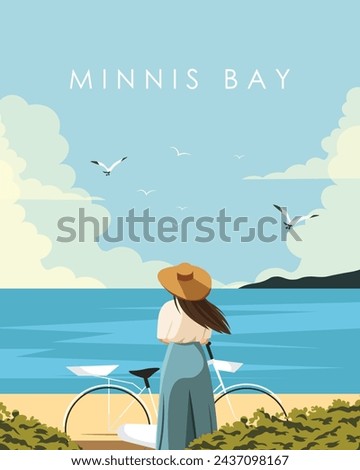 Vector illustration. Girl on the beach. Poster design, postcard, vertical banner, cover. Tourism, travel.