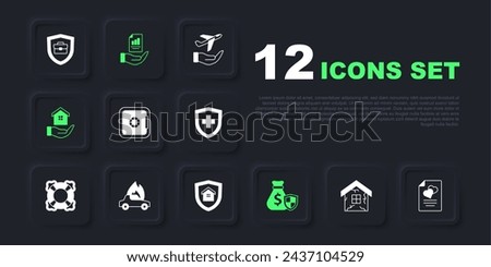 Set House, Marriage contract, Safe, Money bag with shield, in hand, Burning car, Contract and  icon. Vector