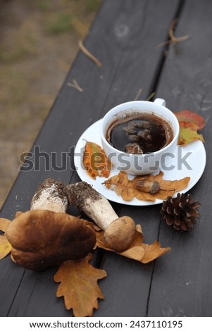 autumn photo of coffee, yellowed leaves and mushrooms from the forest. collect mushrooms in the forest