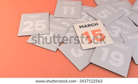 March 15. Calendar sheets on a pink background. The best day of the year. 3d rendering. Bokeh. Illustration.