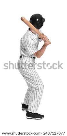 Baseball player taking swing with bat on white background, back view