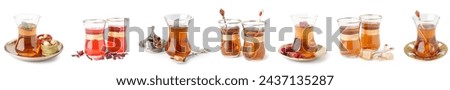 Collage of traditional cups with Turkish tea and sweets on white background